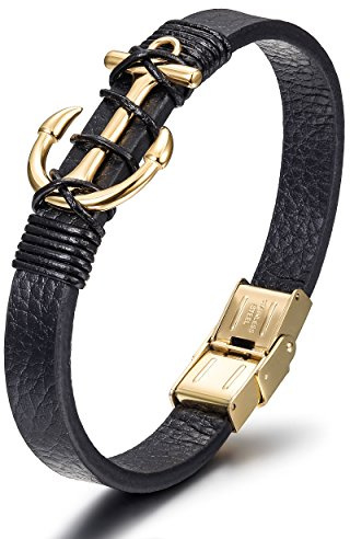 WISTIC Men’s Leather Bracelet with Stainless Steel Anchor, Black Genuine Leather Wristband, Nautical Anchor Bracelet for Men, Fits 7.5–8.5 Inch Wrist, 8.7in Inner Circ.