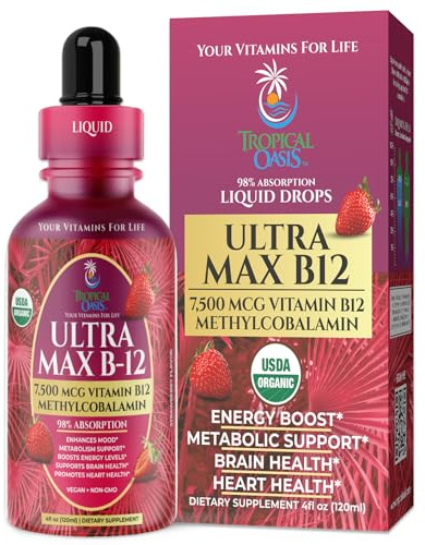 USDA Organic Ultra Max B12 | Superdose 7500mcg Vitamin B12 Liquid Drops | B12 as Methylcobalamin| Max 98% Absorption Rate | Promotes Energy| Vegan, Non-GMO, Strawberry flavor -4oz