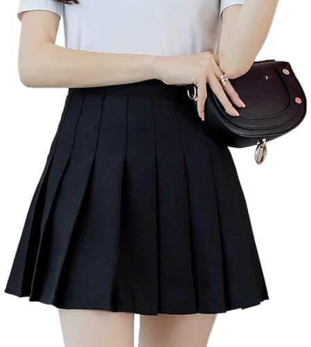 nonotse Women Girls High Waist Pleated Skater Tennis School Short Skirt (Black, M)