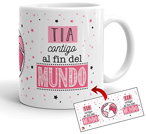 Kembilove Taza la mejor Tía del mundo – Taza con Mensaje Tía contigo al Fin del Mundo – Regalo hermana original – Regalos originales para cuñados – Tazas Originales para Familiares