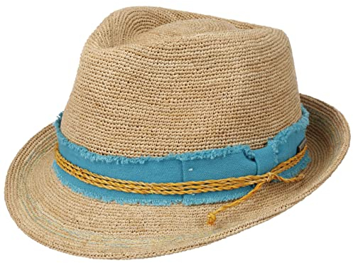 Stetson Vetalio Crochet Trilby Strohhut Naturfarbener Eleganter Hut mit Schleife Damen und Herren Frühjahr Sommer Natur-blau L (58-59 cm)