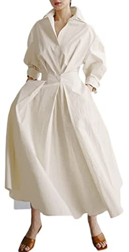 Women Maxi Shirt Dress Long Sleeve Button Smocked Waist Long Dress Loose Swing Party Dress with Pockets (Beige, X-Large)