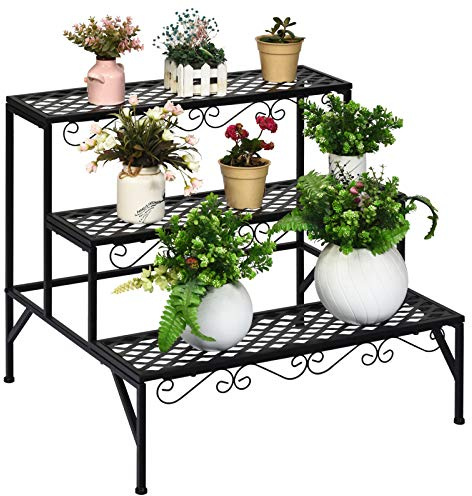 GOPLUS Soporte de metal para plantas de 3 niveles, escalera de flores para exteriores, estantería de plantas para jardín y balcón, negro, 70 x 60 x 60,5 cm (rectangular con diseño)