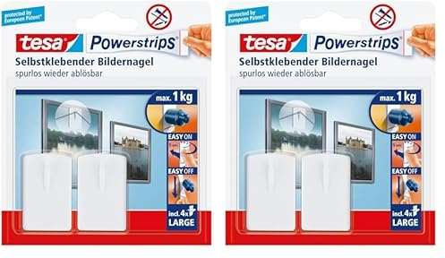 tesa Bilder-Nagel, 2er Set - Klebenagel für Bilderrahmen, 1 kg Haltekraft - mit tesa Powerstrips LARGE, ablösbar und wiederverwendbar - 2 Stück (Packung mit 2)