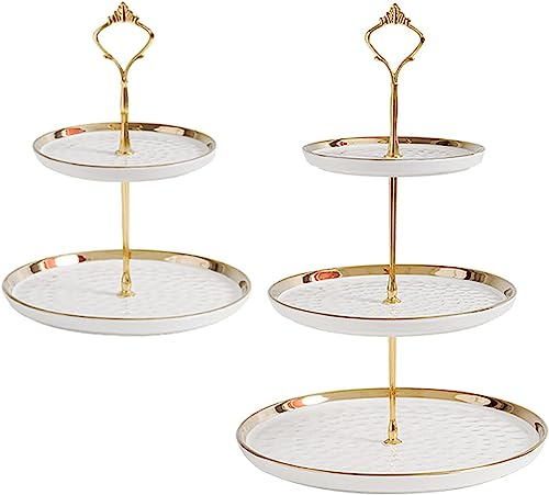 Lot de 2 présentoirs ronds en porcelaine pour cupcakes, assiettes à dessert, plateaux de service à étages avec tige dorée, 3 niveaux et 2 niveaux - Plateaux de service pour gâteaux de fête - Supports