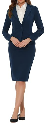 Conjunto de falda para mujer Allegra K de 2 piezas, traje de saco y falda de negocios casual de manga larga, azul oscuro, L