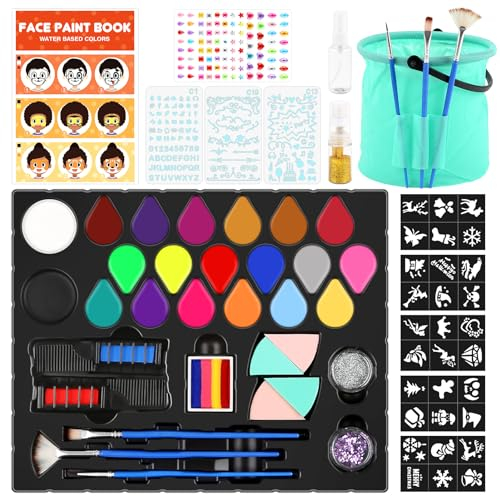 Dreamon Kinderschminke Halloween Set, Make Up Schminke Kinder Mit Eimer Glitzer Schablone Face Body Paint Professionelle Gesichtsfarben Kinderschminken für Den Theaterschminke Faschingsschminke