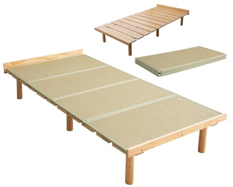 EMOOR Wood Slatted & Tatami Floor Bed Frame OSMOS Twin for Japanese Futon Mattress Solid Pine (Earth-Natural), Height Adjustable (2/7/12in) Tatami Mat