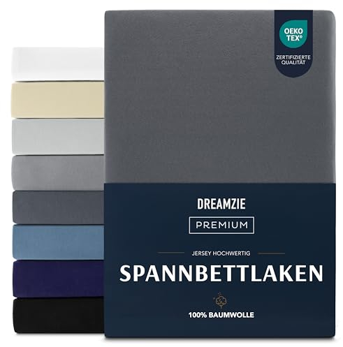 Dreamzie Premium Spannbettlaken 200x200 cm, Spannbetttuch für Dicke Matratzen bis zu 27 cm, Bettlaken 100% Jersey Baumwolle, 150 g/m², Oeko-TEX Zertifiziert - Dunkelgrau