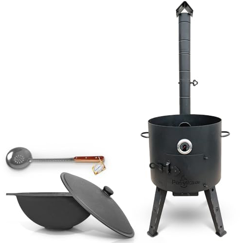 Utschak - Horno de fuego de 44 cm de diámetro, 2 mm, acero con termómetro uzbeko kazan 16 l, base plana, kazan Учаг Uchag казан hierro fundido horno учак (Set 2)