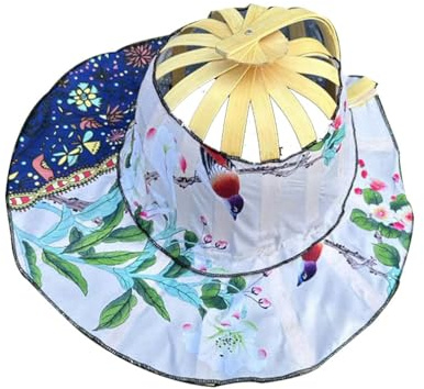 Wisafory Chapeau de soleil pliable 2 en 1 - Éventail - Chapeau de plage - Chapeau de plage - Chapeau de protection solaire avec motif floral - En bambou - Pour le camping, les voyages, la plage