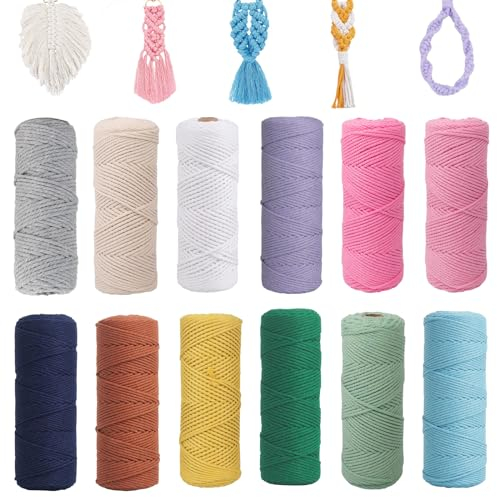 12PCS Makramee Garn, 1mm x 65m Bunt Baumwollseil, Natur Baumwolle Makramee Baumwollgarn Baumwollkordel für DIY Handwerk, Hängepflanze,Blumenampel, Basteln Stricken Boho Deko Wandbehang Dekoration