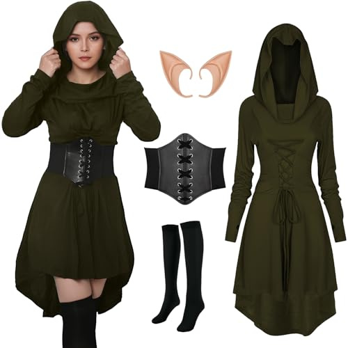 FSUJWOA Disfraz de elfo renacentista para mujer, ropa medieval gótica, vestido con capucha con corsé y accesorios para cinturón para fiestas de Halloween(Verde, S)