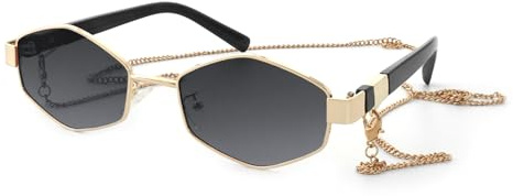 JiSoo Hexagon Sunglasses with Chain Gold 90s Sunglasses Women, Retro Festival Sun Glasses,Black