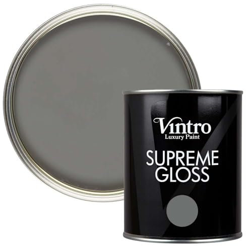 Vintro Paint | Gloss Paint | for Walls | Wood | Trim | Gloss Furniture Paint | Interior & Exterior Use. 1 Litre (Dark Grey - Cloudburst)