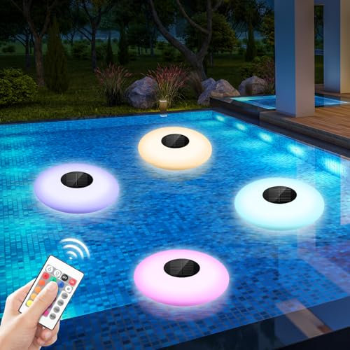 Drcowu Luz solar de piscina flotante con mando a distancia, 16 colores RGB que cambian a prueba de agua, luz solar flotante para piscinas, jardines, césped y decoración al aire libre