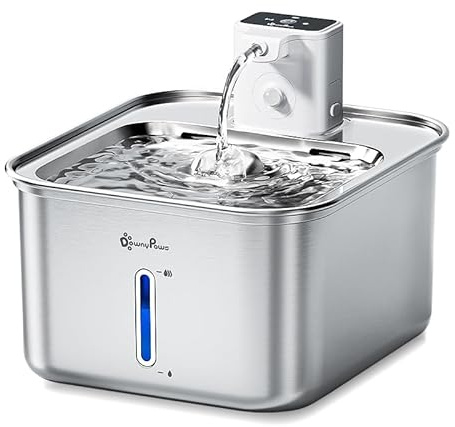 DownyPaws Fontanella per Gatti Acciaio senza Fili a Batteria 4000mAh, 3L con Sensore di Movimento, Silenziosa Dispenser Acqua con Multi-Filtrazione, Lavabile in Lavastoviglie, Bianco