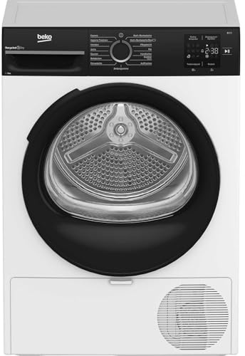 Beko BM3T39230W Wäschetrockner, 9 kg, Frontlader Wärmepumpentrockner, 15 Programme, Sensortrocknung, Säulenfähig, Aquawave Schontrommel, Weiß