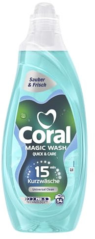 Coral Magic Wash Quick & Care Waschmittel Universal Clean Flüssigwaschmittel für 15 Minuten Kurzwäsche mit PRO-S Technologie 54 WL