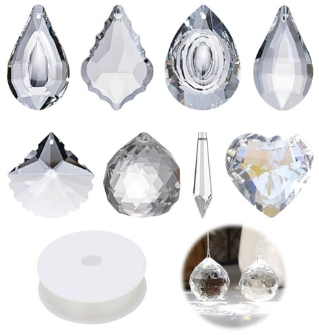 Lot de 8 Attrape Soleil Cristal Suspendu, Perle Cristals pour Attrape-Soleil, Boule de Prisme Cristal avec Cordon Bijoux pour Fenêtre, Décoration