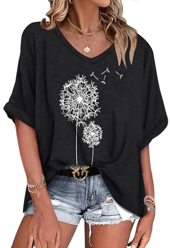 WNEEDU Tee Shirt Oversize Femme Col V été Haut Femme Manches Courtes | Chemisier Top été Décontractée Léger et Aéré