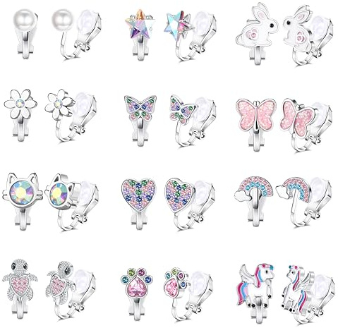 FIOROYAL 12 Paires Boucles d'Oreilles Clip Femme Fille Enfant Hypoallergéniques Boucle Oreille Sans Trou Papillon Arc-en-ciel Fleur Perle Étoile Bijoux Enfants Fille Color