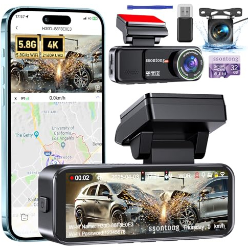 Dash Cam Front and Rear, 4K Dash Cam Built-in 5.8G WiFi GPS ADAS Dashcam,3.2 IPS Screen Dash Camera with Free 32GB Card,G-Sensor,Loop Recording,WDR,Night Vision Dashboard Camera