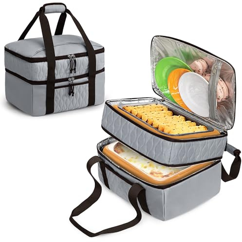 Trunab Insulated Casserole Carrier Bag for Hot Food, Double Deck Food Containers, Fit 9x13 Foil Pan, Baking Dish, For Picnic Cookouts, Potluck Parties, Beach