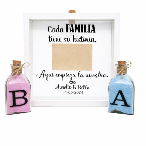 Genérico Ritual de Arena Boda Personalizado con Marco – Ceremonia de Arena para Bodas Civiles – Incluye 2 Frascos con Arenas de Colores a Elegir – Decoración y Recuerdo de Boda (Cada Familia)