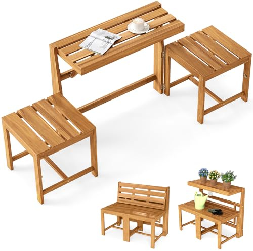 COSTWAY Panca Esterno Trasformabile 3 in 1, Panchina Giardino in Legno di Acacia con Schienale, Set Mobile Esterno con Tavolino e 2 Sedie, Supporto Piante per Terrazzo, Patio e Balcone