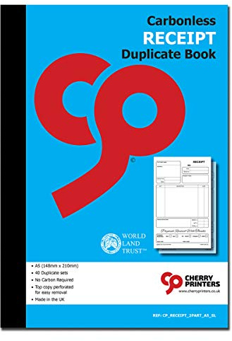 Cherry Carbonless NCR Receipt Book Duplicate 2pt A5 (148 x 210 millimetres) S+L Perfect for Small Businesses