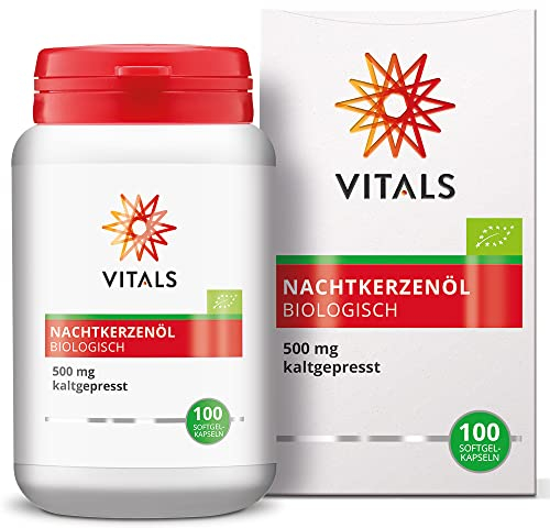 Vitals Nachtkerzenöl Bio - 100 Softgel-Kapseln, vegan. 500mg kaltgepresstes Öl aus Nachtkerzensamen mit GLA. Ohne Chemikalien, aus biologischem Anbau.
