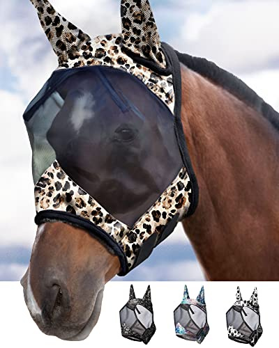 Harrison Howard CareMaster Maschera da mosca del cavallo Standard con le orecchie Protezione UV per cavallo-Leopardato (M)