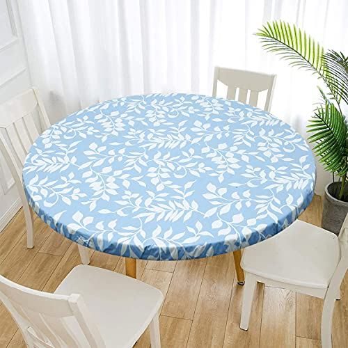 Waterproof Round Tablecloth, Elastic Edged Fitted Flannel Backed Table Cover Stain Resistant Oil-proof PVC Table Protector Cover for Dinning Room Kitchen Picnic Party (Blue Leaves, 110-140cm)