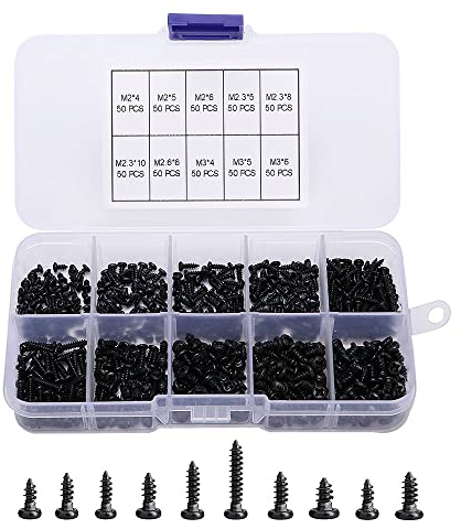 VooGenzek 500 PCS M2 M2.3 M2.6 M3 Cross Head Self Tapping Screws, Pan Head Micro Screws, for Plastic Wood Soft Metal (Black Miniature)