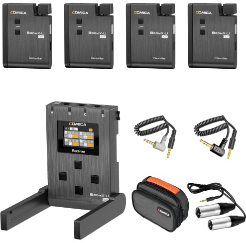 COMICA BoomX-U Qua UHF Wireless Lavalier Microphone, Lapel Microphone with 4 Transmitters, 96 Channels, 120m Range for DSLR Camera/iPhone/Android/PC/Interview YouTube TikTok Vlog Live Stream