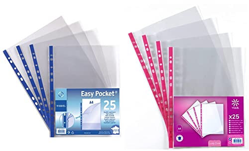 Viquel - Lot de 25 pochettes perforées A4 en plastique - Ouverture en coin - Pochettes transparentes - Bord renforcé & Lot de 25 Pochettes perforées A4 en plastique - Bord renforcée rose 109179-06