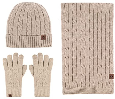 LumiSyne Invernali 3 Pezzo Cappello Sciarpa Guanti Per Uomo Donna Maglia Grossa Tinta Unita Maglia a Cavo Berretto Beanie Sciarpa Lunga Guanti Touch Screen Addensato Morbido Caldo Fodera In Pile