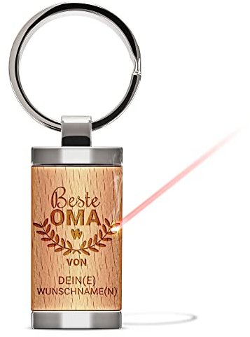 Personalisierter Schlüsselanhänger mit Gravur - Beste Oma von Wunschnamen - personalisiertes Geschenk für Oma zum Geburtstag | 24 x 48 mm, Metall-Anhänger mit Echtholz, Lasergravur