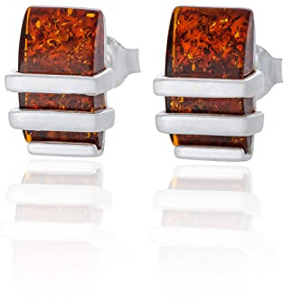 Pendientes de plata con ámbar mod. 89, ámbar báltico, color coñac, plata 925, regalo para mujeres, Plata de ley, Ámbar