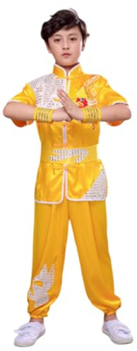 Chinesische Uniform für Jungen und Mädchen, Kung-Fu-Meister, Tai Chi, Drache, Oberteil, Hemd, Hose, Set, gelb, 5-6 Jahre
