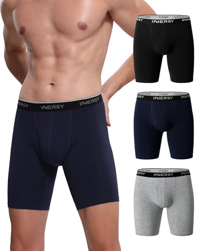 INNERSY Anti Chafing Underwear Mens Long Leg Boxers Shorts with Fly 3 Pack | No Chub Rub Boxer Briefs, Breathable Cotton Underpants Multipack, Front Opening, Running/Hiking/Sports/Gym, Tag-free Trunks