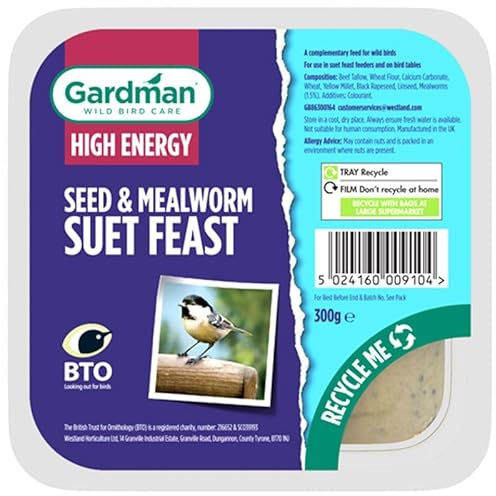 300g Suet Feasts Seed & Mealworm, Bird Feed/Food, High Energy Suet Block With Added Seeds And Insects