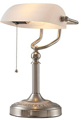 Newrays lampe de bureau bankers en verre blanc avec interrupteur à chaîne à tirer, luminaire