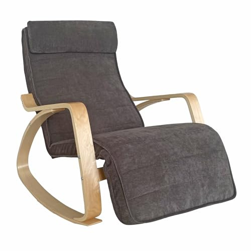WeHome Swing Amor Fauteuil à Bascule avec accoudoirs en Bois, Rocking Chair, Fauteuil à Bascule avec Repose-Pieds réglable, Fauteuil Salon, Chaise de Chambre à Coucher (Tissu, Gris foncé)