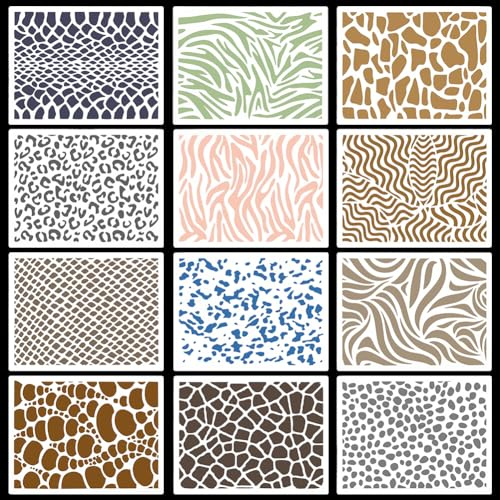 GORGECRAFT 12 Plantilla de Piel de Animal de 21x15mm Plantillas de Pintura de Leopardo,Cebra,Guepardo,Leche,Vaca,Piel de Serpiente,Raya,Textura Craquelada,Plantillas de Dibujo Reutilizables