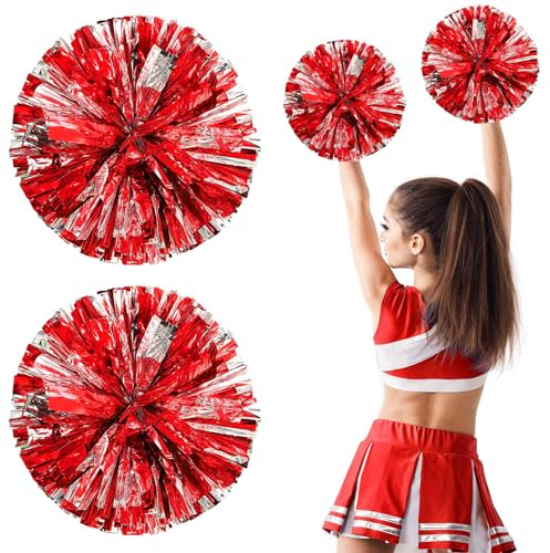 2 Stück Leichte Cheerleader Pompons,Metal Foil Cheerleading Pom Poms,Sportkader Cheerleader Pompons für Mädchen, für Sportwettbewerb Tanzen Cheers Erwachsene Kinder,Sportspiel Teamgeist,Rot