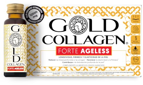 GOLD COLLAGEN Forte Ageless - Complemento Colágeno Marino Hidrolizado (12gr) con Ácido Hialurónico Antiarrugas, Pro Retinol, Vitamina C, D, Biotina, Coenzima Q10, Elastina Reduce Líneas Finas, 10x50ml