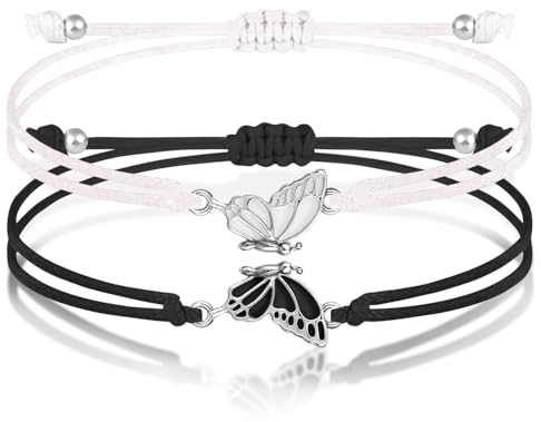 Dncvb 2 Stück Freundschaftsarmbänder, Beste Freundin Armband, Schmetterling Armbänder, Paar-Armband, Verstellbares Freundschaftsarmband Mädchen Personalisierte Armbänder (Schwarz, Weiß)