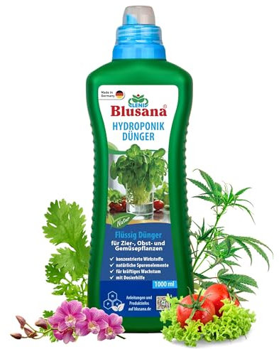 Blusana Hydroponik & Hydrokultur Dünger XL Flasche 1l NPK 7-3-6 Flüssigdünger für Zimmerpflanzen Obst & Gemüse in Nährlösung | gesundes Wachstum & reicher Ertrag